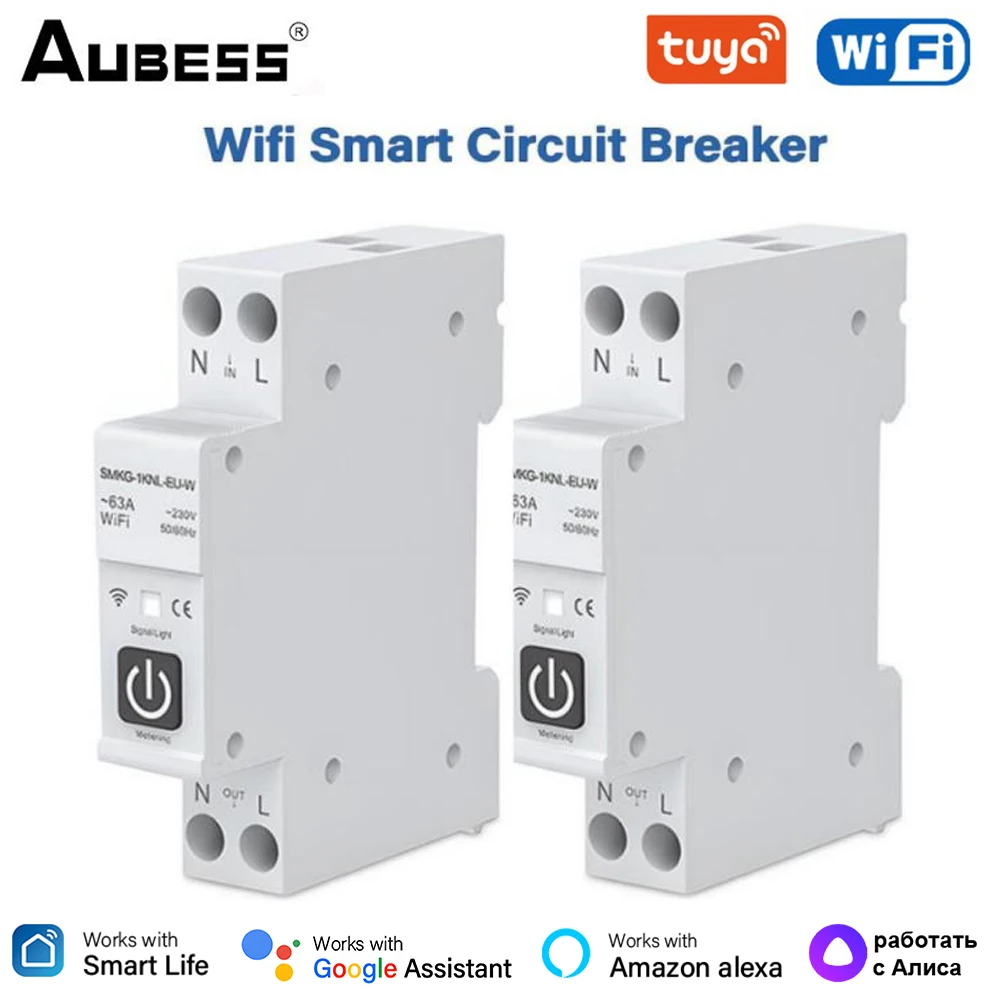 

Tuya WIFI Smart Circuit Breaker 1-63A Adjustable With Metering Smart Life Remote Control Work with Alexa Google Home Alice