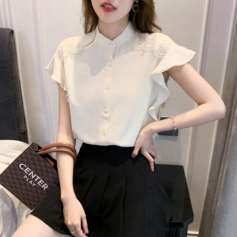 

Шифоновая облегающая женская блузка, кружевная рубашка в Корейском стиле, летний топ с коротким рукавом, элегантная женская одежда с оборка...