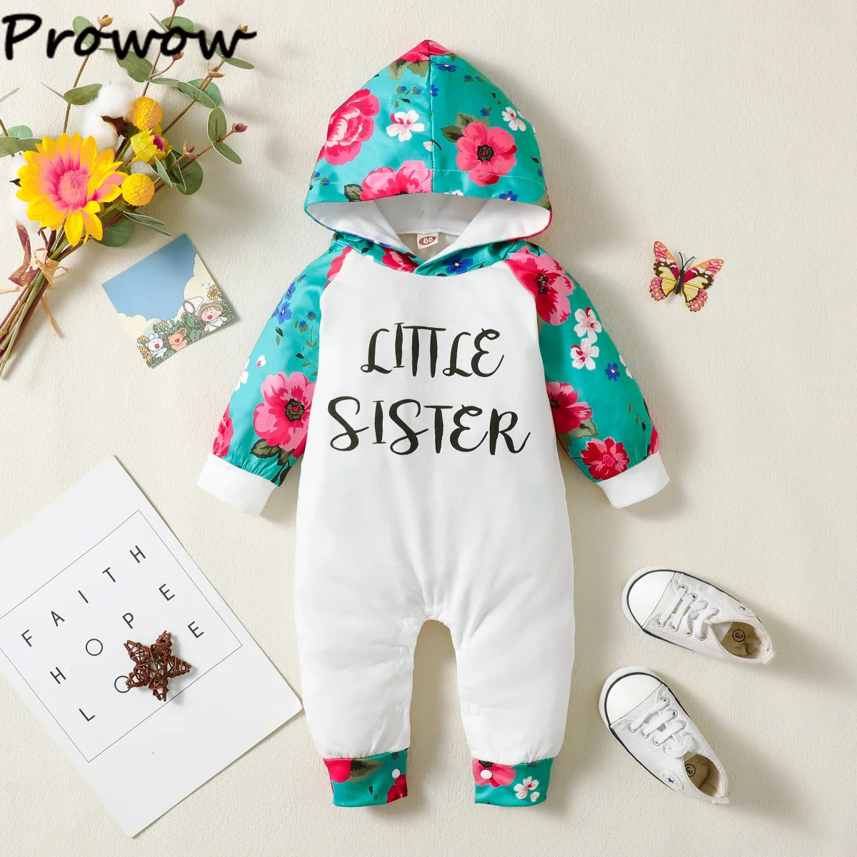 

Детское боди с капюшоном и цветочным принтом, в стиле пэчворк