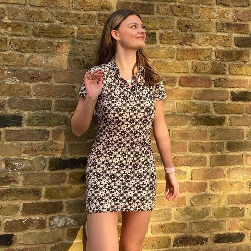 

Женское винтажное платье мини, коричневое платье в стиле Харадзюку с цветочным принтом, лето 2021