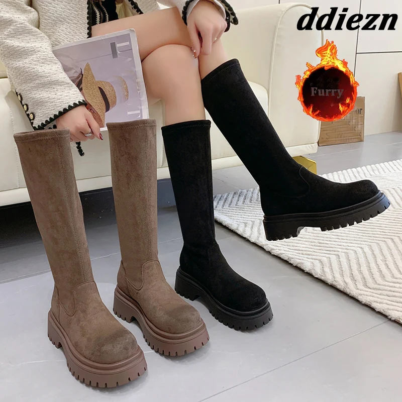 

Knee High Fur Boots Woman Winter New 2023 Fashion Stretch Fabric Ladies Sock Boots Female Med Heel Shoes Casual Outdoor Booties