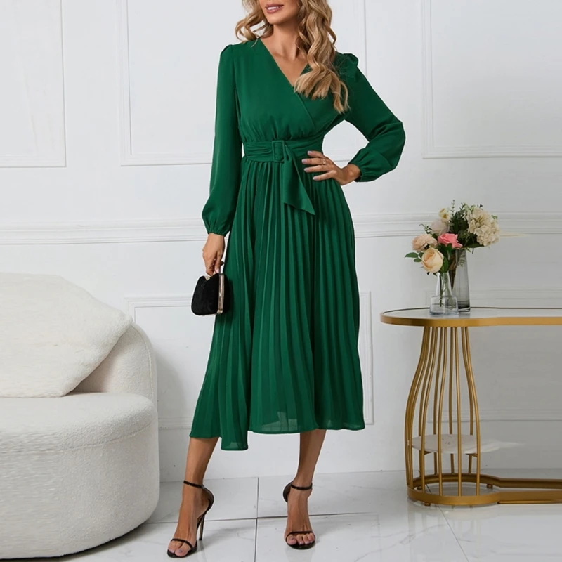 

Women Fall Puff Long Sleeve V Neck Dress with Blet Flared Pleated A-Line Dresses MXMA