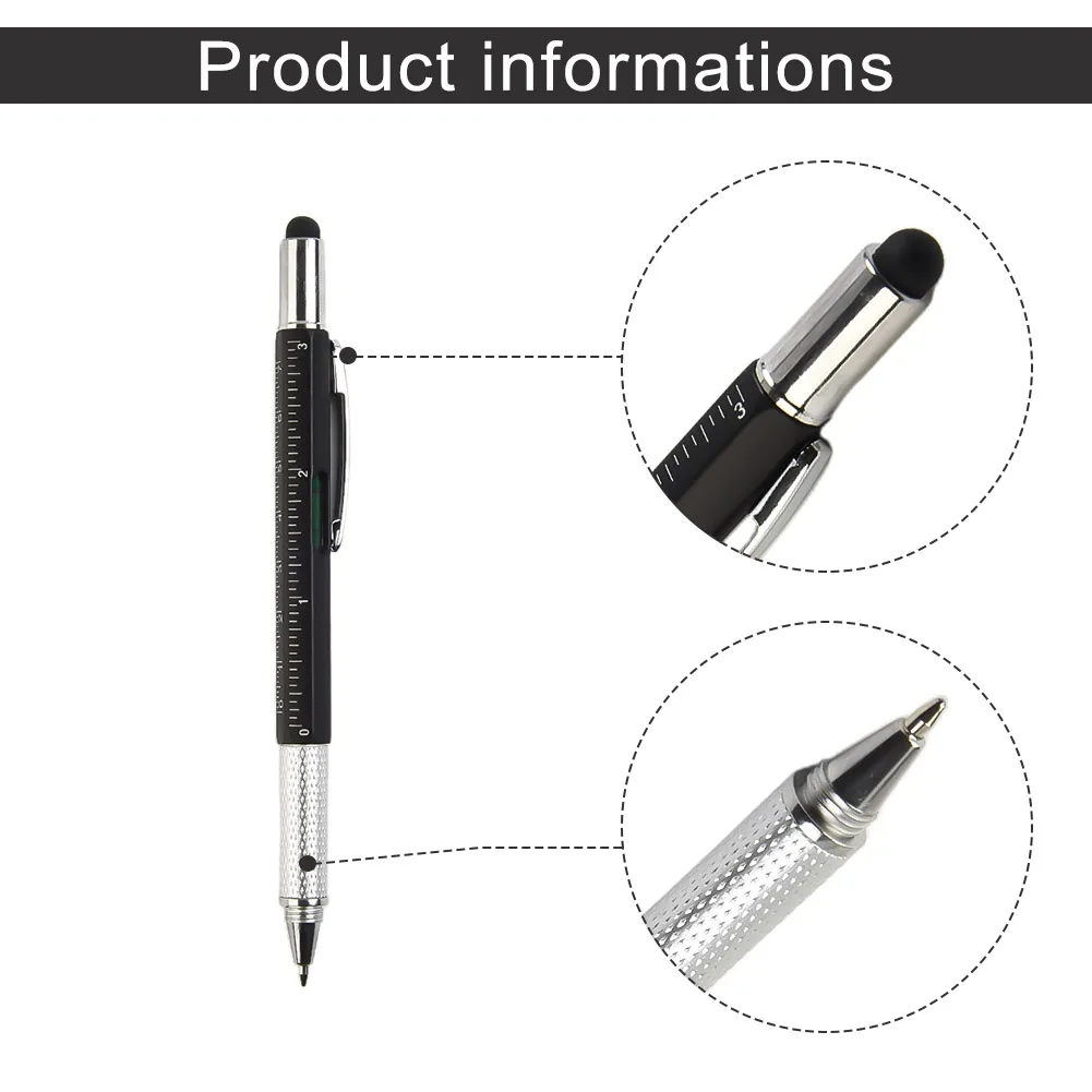 

6 In1 Multifunction Ballpoint Pen Handheld Tool Measure Technical Precision Ruler Screwdriver Touch Screen Stylus Spirit Level
