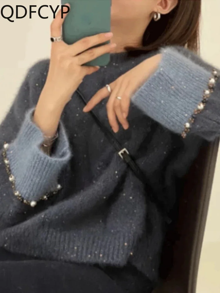

Женский свитер-пуловер, элегантный вязаный длинный корейский топ свободного покроя с вышивкой бисером, повседневный Модный мягкий теплый свитер для женщин, Осень-зима 2023