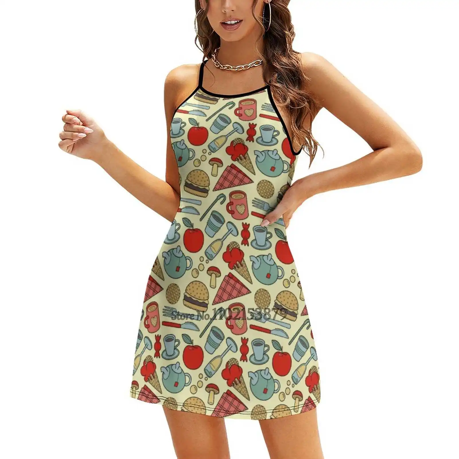 Foodie несколько стилей женское платье Kawaii с квадратным воротником 6XL каракули еда