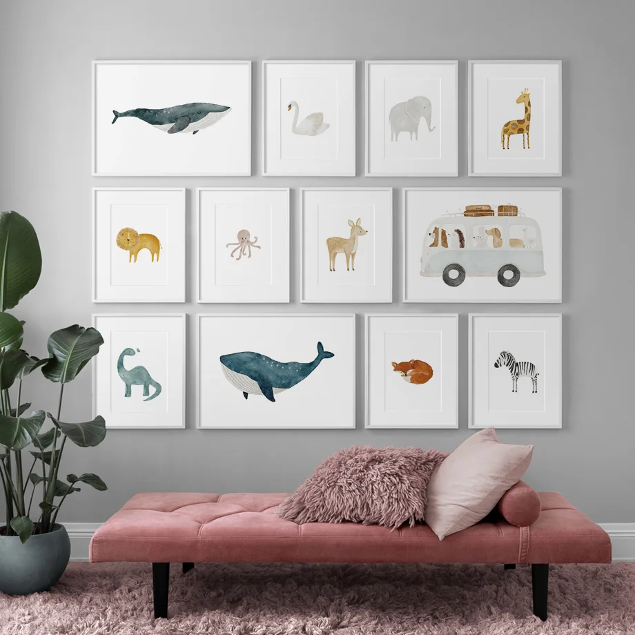 

Dinosaur Lion Zebra Giraffe Elephant Fox Whale Nursery Wall Art Print Canvas Painting Nordic Poster Wall Picture Baby Kids Decor
