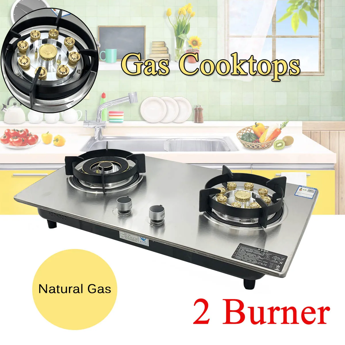 

2 Heads Stove Embedded Fierce Fire Household Gas Stove Stainless Steel Kitchen Gas Cooker Dual-Use Left 4.5KW+ 5.2KW Right