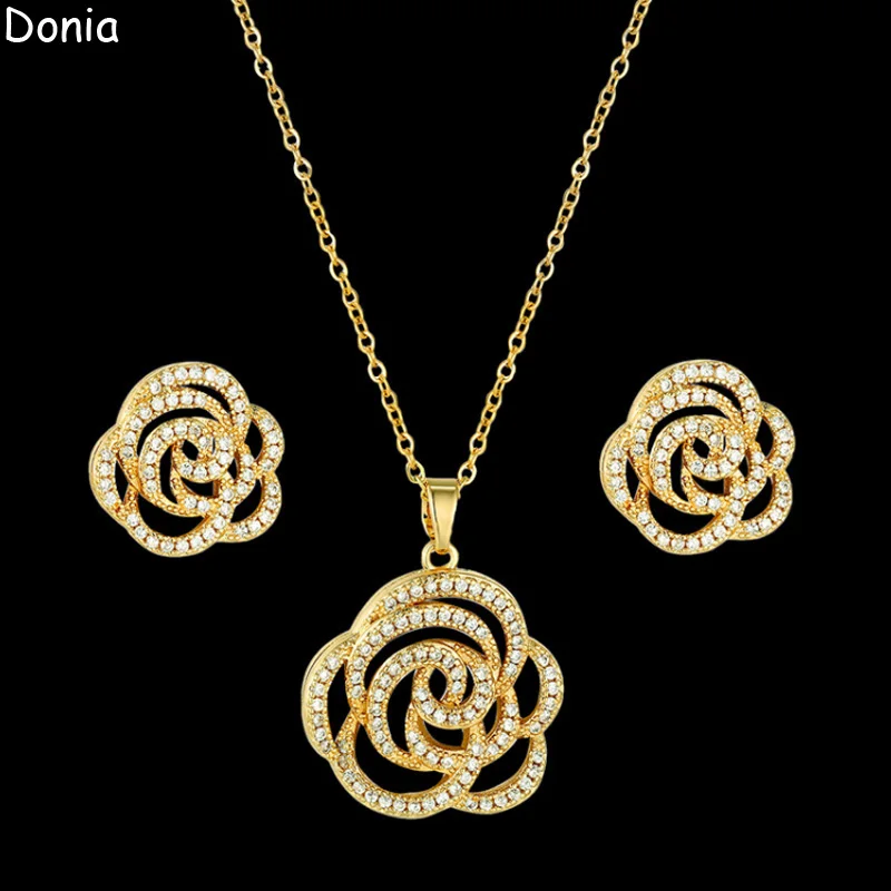 

Donia Jewelry European and American fashion personality camellia ladies necklace inlaid zircon silver needle luxury earrings set