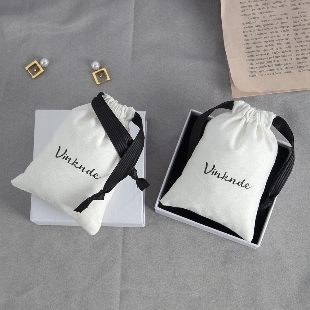 New White Canvas Bags with Black Drawstring Custom Logo Printing Gift Cotton Pouch Ring Earrings Jewelry Packaging Organizer Bag