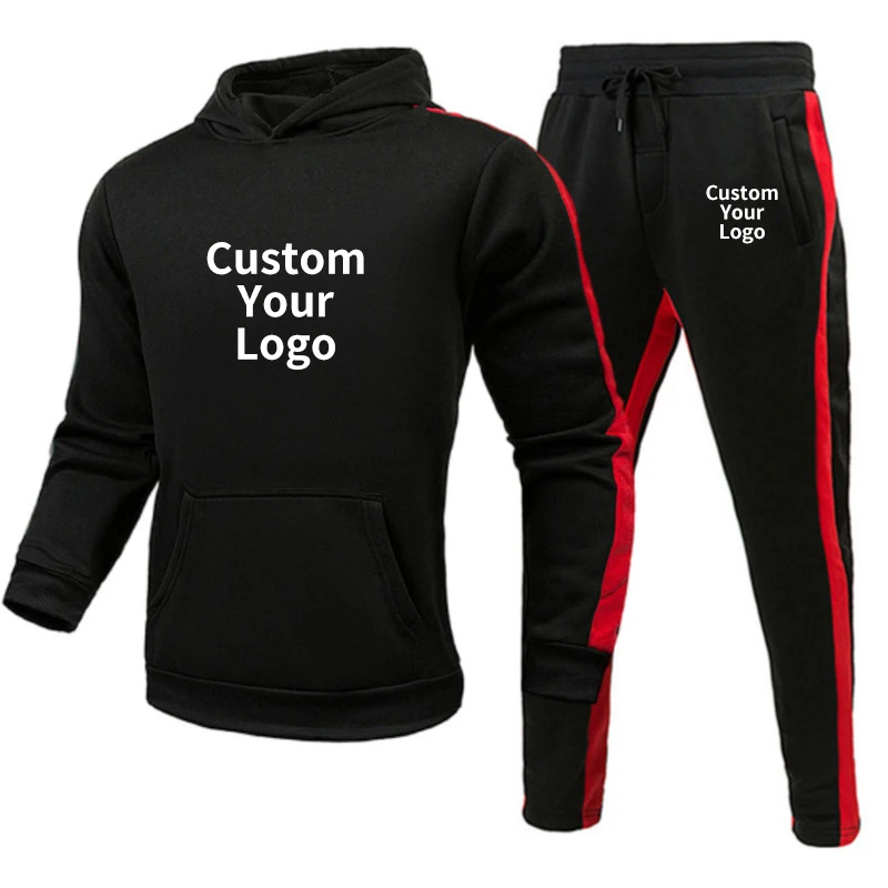 Custom Logo Men Tracksuit Striped Hoodie+Pants 2Pieces Set Autumn Winter Jogging Suits Male Sportswear Gym Casual Clothing