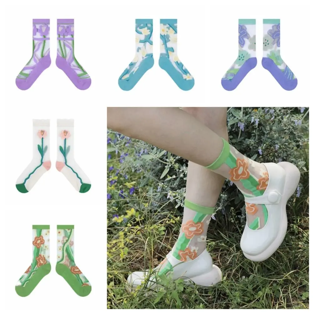 

Breathable Refreshing Sweat-absorbent Elastic Women Glass Silk Socks Transparent Socks Korean Style Hosiery Flower Calf Socks