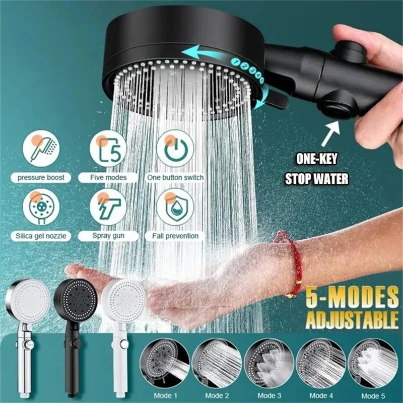 

Shower Head Water Saving Black 5 Mode Adjustable High Pressure Shower One-key Stop Water Massage Eco Shower Bathroom Accessories
