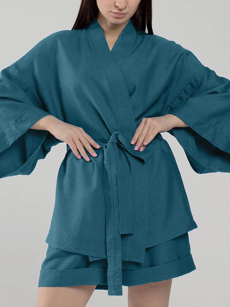 

Linad Loose Women's Home Clothes 2 Piece Sets Cyan Long Sleeve Sleepwear Sashes Female Suits With Shorts 2023 Autumn Casual