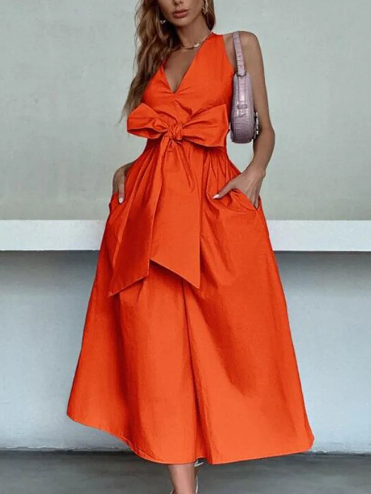 Женское мини-платье с V-образным вырезом без рукавов большим бантом и открытой