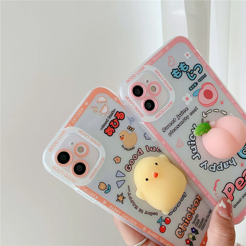 

3D Carton Chicks and Peaches Reduce Stress Phone Case For iphone 12 11 Pro Xs Max X Xr 7 8 Plus Shockproof Back Cover Fundas