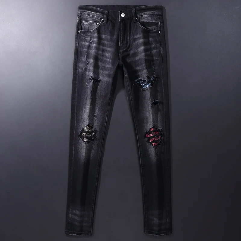 High Street Fashion Men Jeans Retro Black Gray Elastic Slim Fit Ripped Jeans Men Patched Designer Hip Hop Brand Pants Hombre