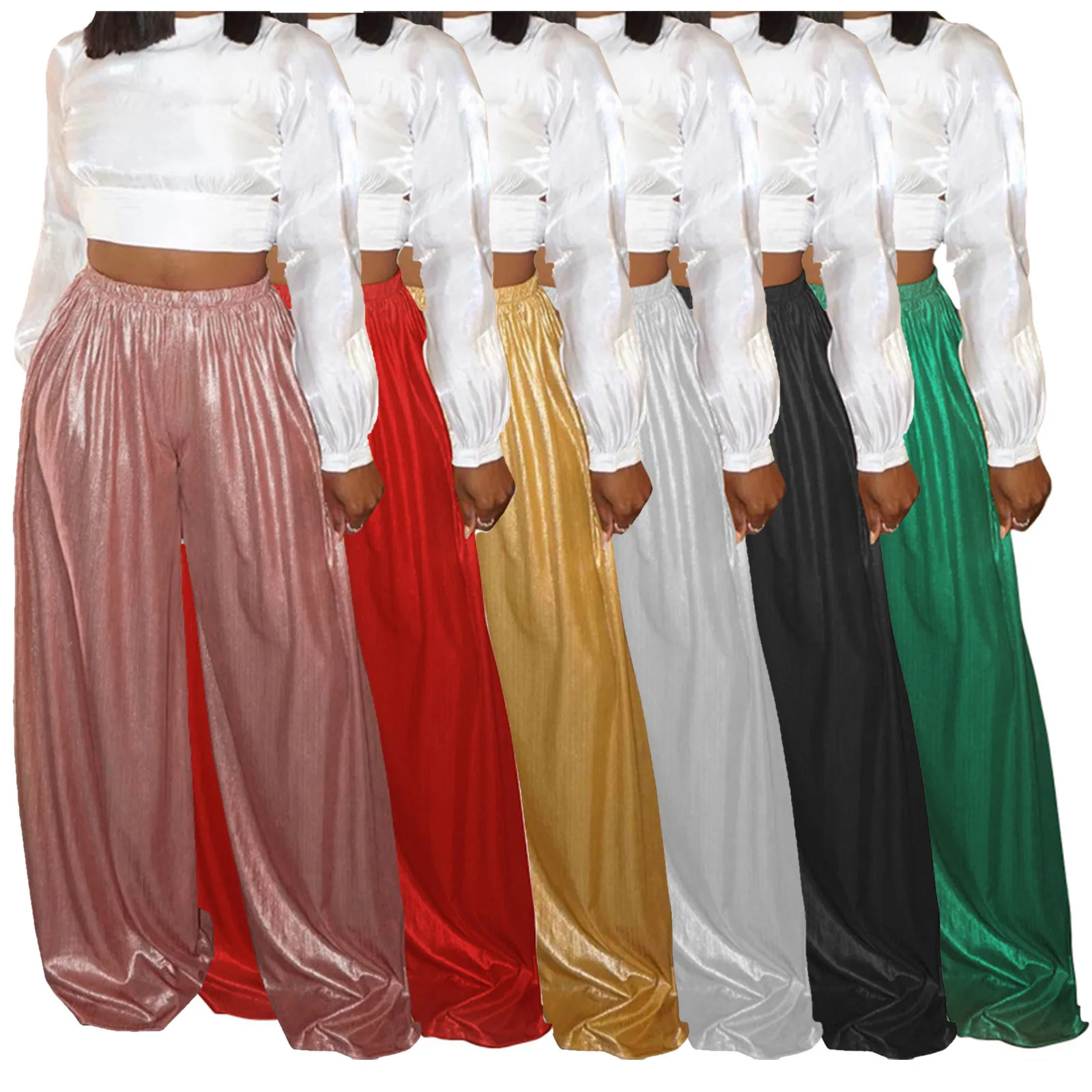 

Брюки женские с широкими штанинами, блестящие эластичные свободные повседневные длинные прямые штаны с металлическим зернистым тиснением,...