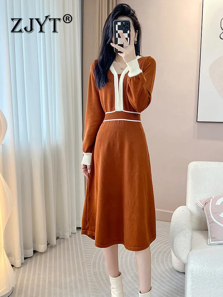 ZJYT Fashion New Women Long Sleeve Knitted Sweater Dresses Korean Style Color Block Casual Basics Vestidos Aline Knee Length
