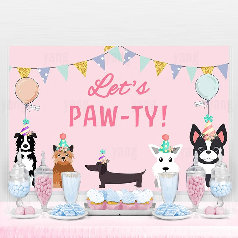 

Puppy Dog Birthday Party Photo Backdrop Pink Girl Let's Paw-ty Doggy Pet Photography Background Banner for Dessert Table Supplie