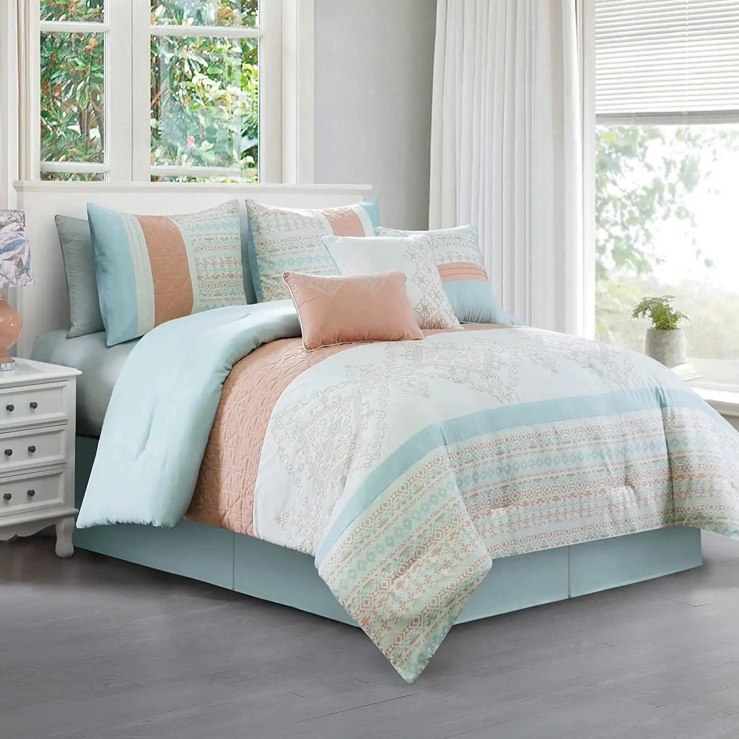

Laura 7-Piece Bedding Set Coral Mint Blue White Embroidery Pleated Striped Comforter Set Queen Size