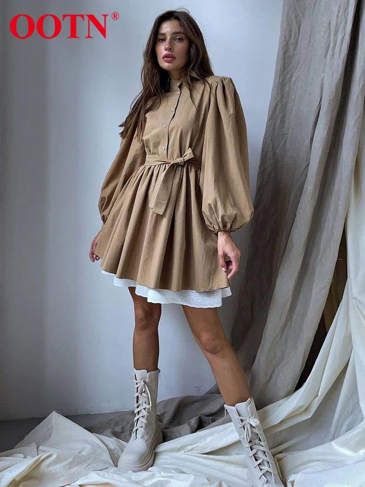 

Женское офисное платье с поясом-фонариком OOTN, однобортное Плиссированное элегантное мини-платье цвета хаки, 2022