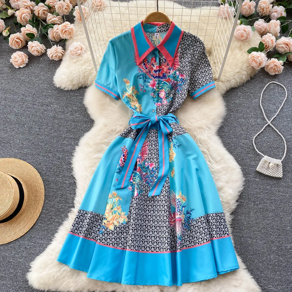 

Summer New Women Lapel Retro Lace-up Waist Print Slim Western Dress Short Sleeve Single Breasted Elegant Clothes Vestidos E730