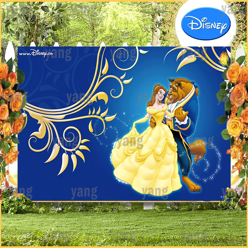 Disney Backdrop Beautiful Princess Cartoon Gold Pattern Decoration Beauty and the Beast Belle Background Happy Birthday Party