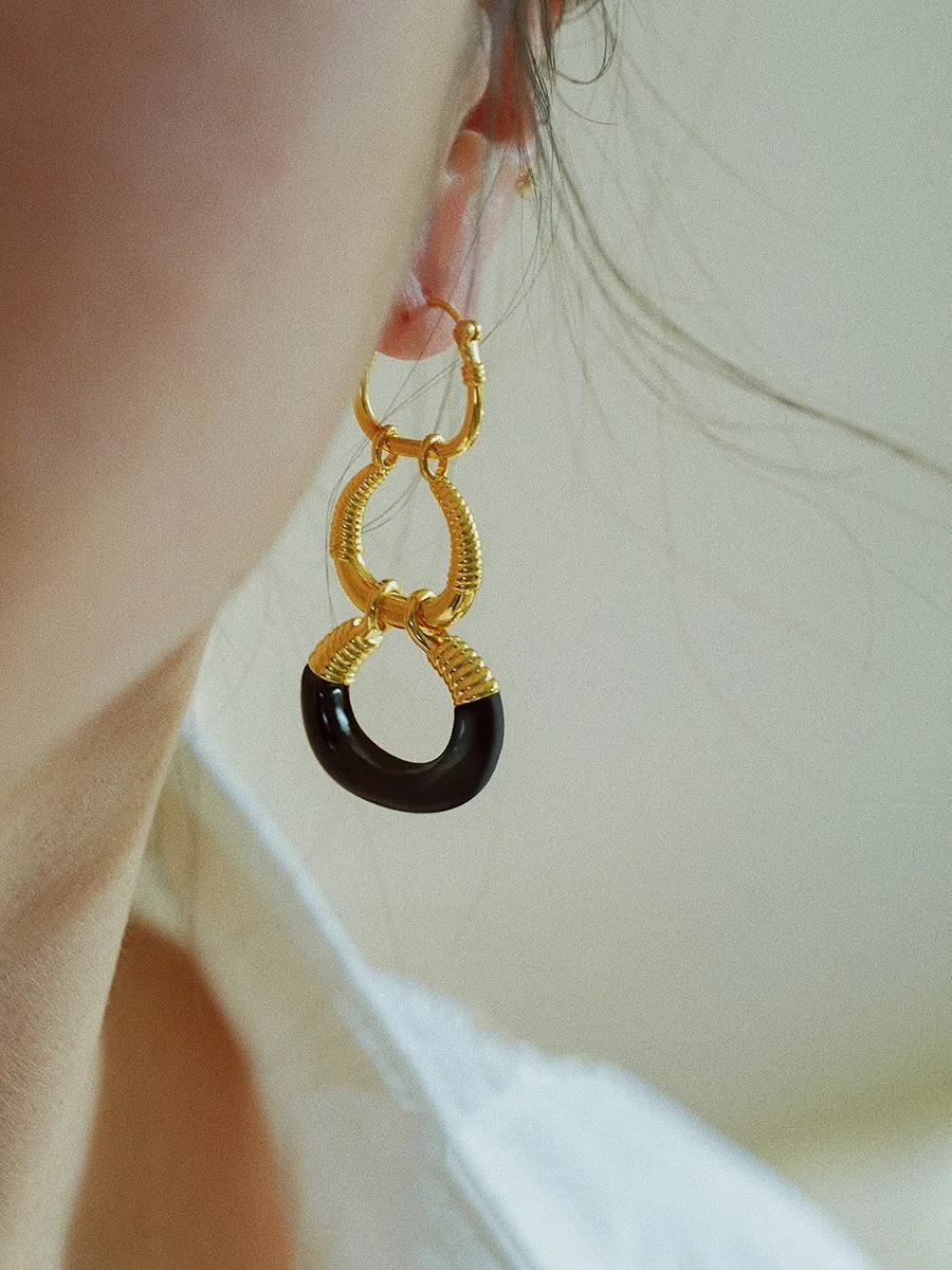 

Egypt Ancient Gold Filled Tri Hoop Black Agate Ear Drop Dangle Necklace Black Stone Chunky Choker Earrings Handmade Jewelry Set