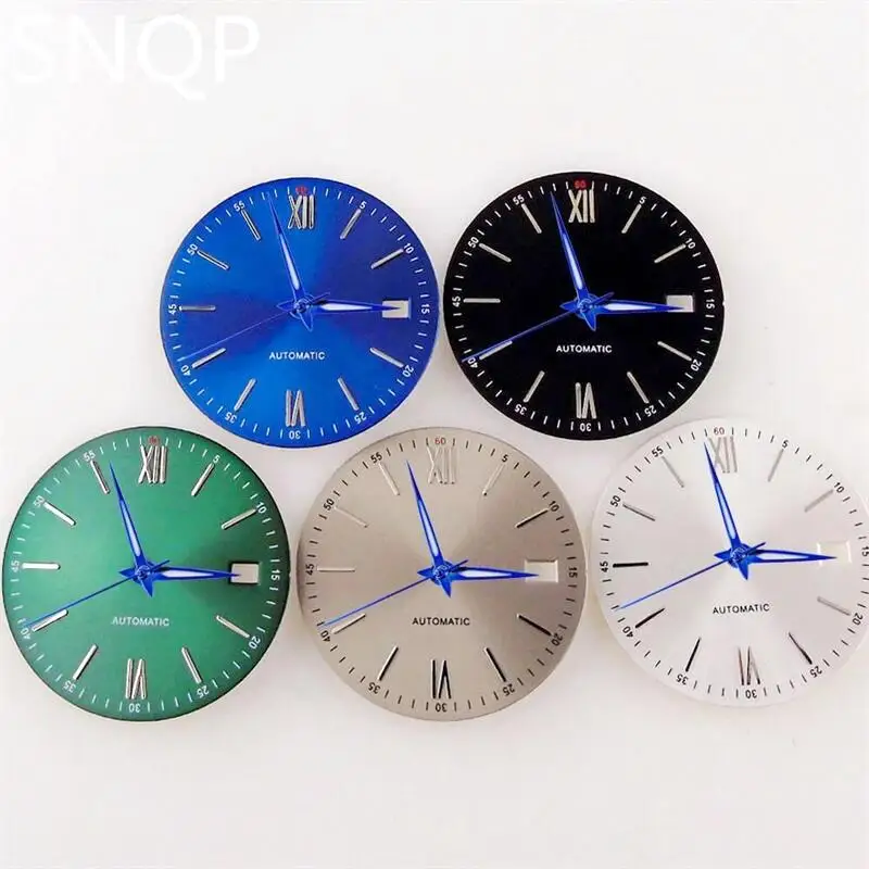 

Custom Watches Accessories 31MM Watch Dial Fit NH35A NH36A 3'Crown Roman Numbers Blue Watch Hand Date Silver Blue Green