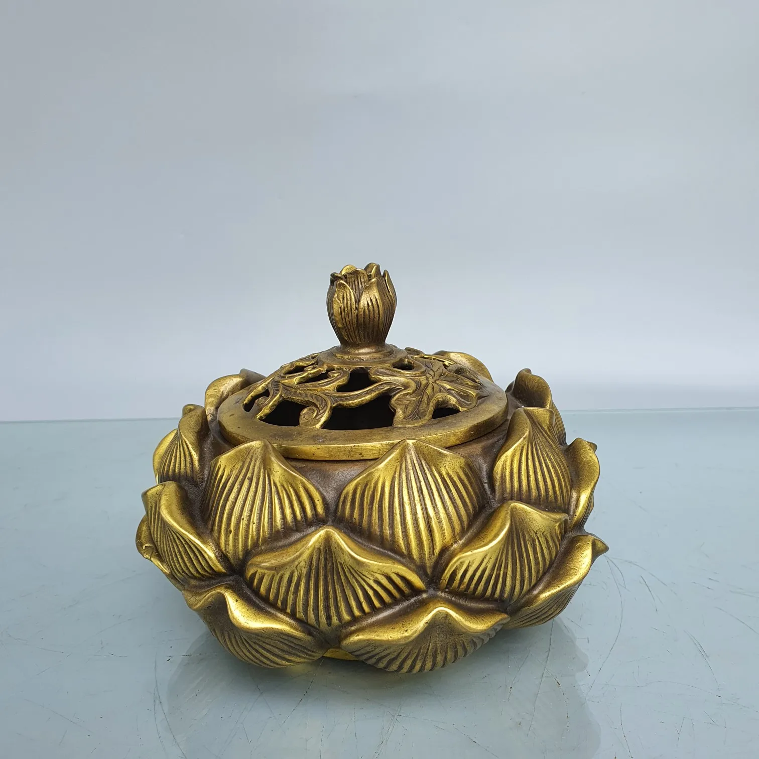 

6"China Feng Shui Seikos Brass lotus lotus leaf Lotus incense burner Gather fortune office ornament Town house Exorcism