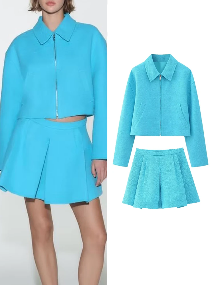 

TRAF Women New Solid Jacket Skirt Set 2023 Lapel Long Sleeve Pocket Decorative Commute Short Coat Casual Pleated Mini Skirt