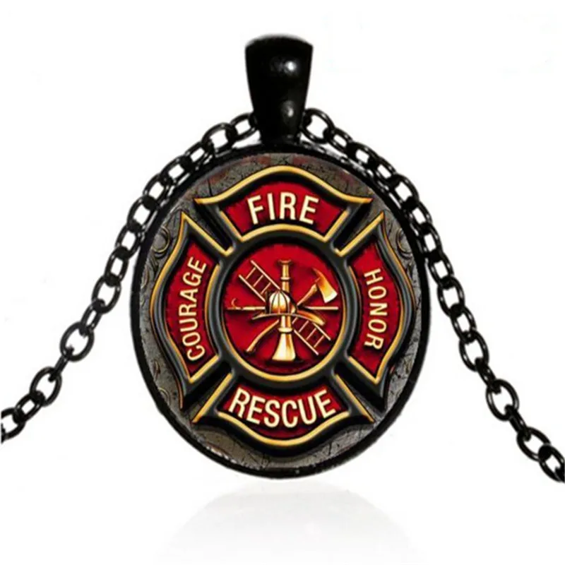 

Rescue Firefighter Symbol Glass Cabochon Pendant Necklace Fire Dept Jewelry Accessories for Firefighter Family Souvenir Gifts