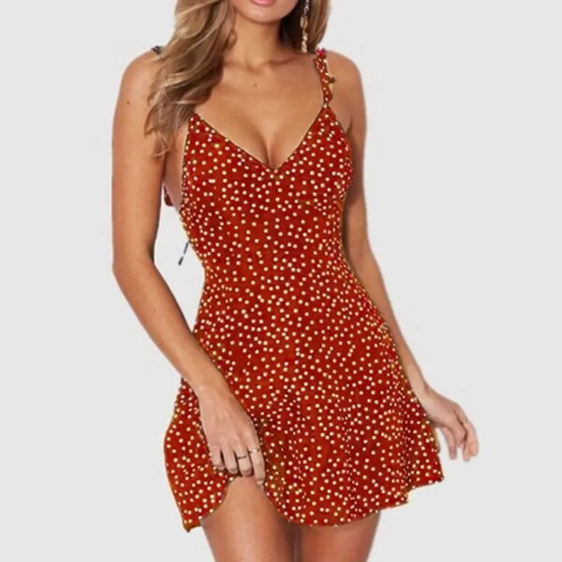 

Sexy Summer Sleeveless Polka Dot Short Dress Women's Fashion Sleeveless V-neck Straps Mini Backless Casual Black Sexy Sundress