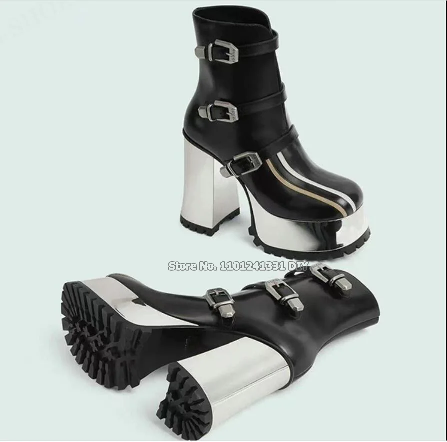 Buckle Straps Design Thick Platform Real Cow Leather Black Color Short Boots Women Autumn Winter Mid Calf 11Cm Heeled Boots
