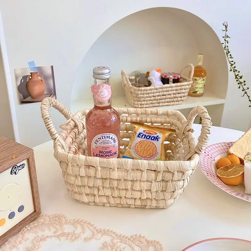 

Corn fur woven storage basket household storage sundry snacks storage basket portable dormitory desk desktop finishing
