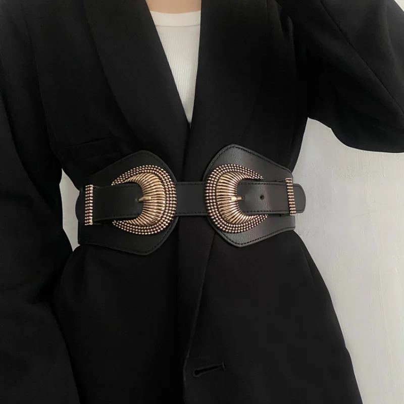 High Quality Women's Fashion Elastic Wide Waist Seal Dress Coat Sweater Suit Decoration Double Pin Buckle Waist Belt Corset Belt