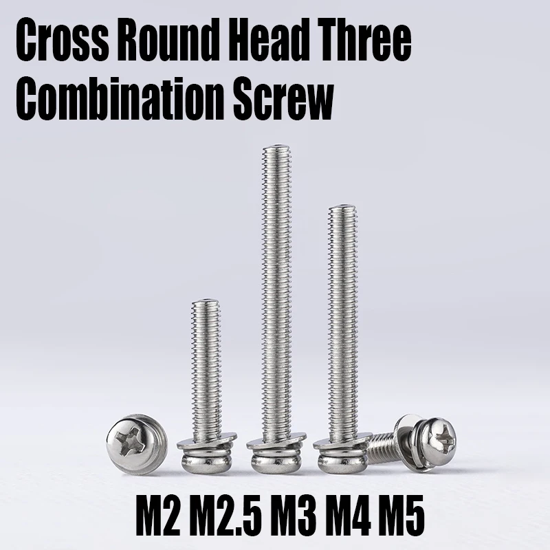 

5PCS M6 M8 M10 10mm-60mm 304 Stainless Steel Cross Round Head Three Combination Screw Phillips Pan Head Screw With Washer