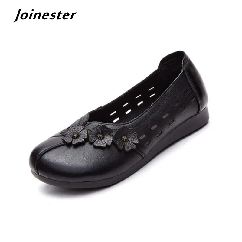 

Pure Color Flat Heeled Women Spring Shoes Full Grain Leather Slip on Loafers Soft Mom Shoe Female Vintage Hollow out Sandals