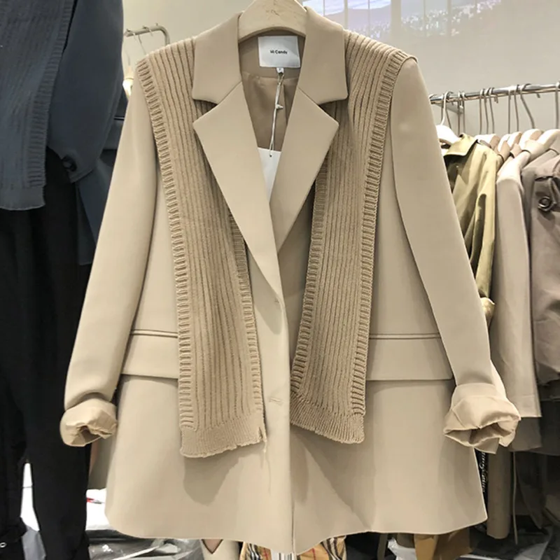 

Winter Women's Lapel Single-breasted Blazer Loose and Simple Long-sleeved Western-style Sweater Shawl Scarf Two Piece Set Women