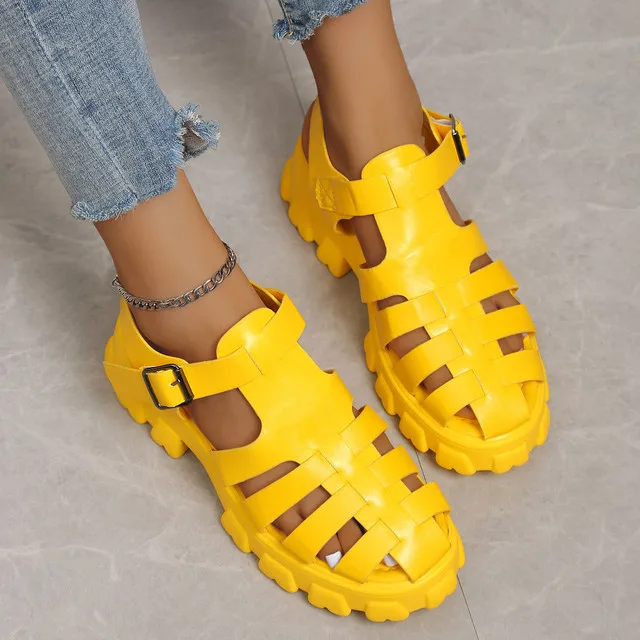 Womens Summer Sandals Hollow Flat Thick Bottom Roman Womens Sandals Buckle Womens Shoes Non-slip Outdoor Beach Shoes 2023 New