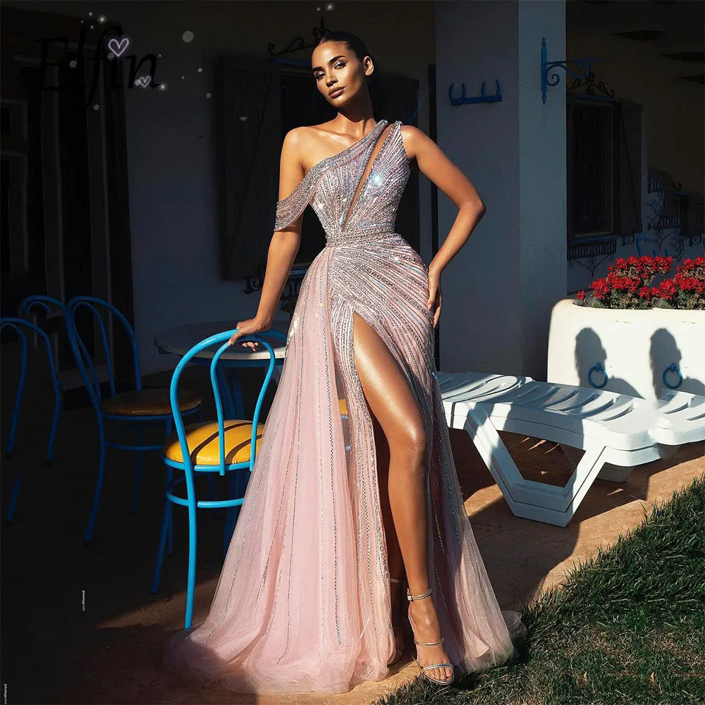 

Elfin One Shoulder Arabic Mermaid Evening Dress Pink Shinny Sequined Formal Party Gowns High Split Prom Dresses Long Women