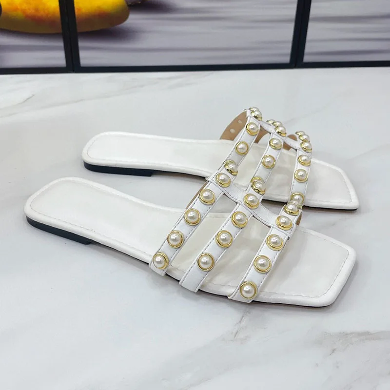 

Женские летние тапочки, модные элегантные босоножки с украшением из бисера, яркие однотонные туфли с перфорацией, новинка 2022