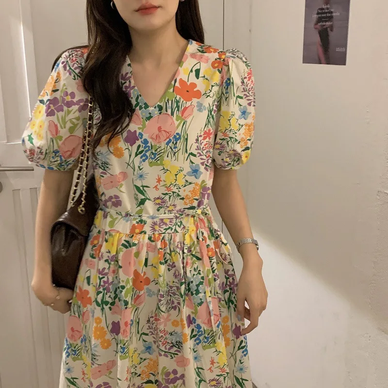 

Korean Dongdaemun 2022 French Style Retro Style Fashionable V-neck Full Screen Flower Puff Sleeve Lace-up Waist Dress