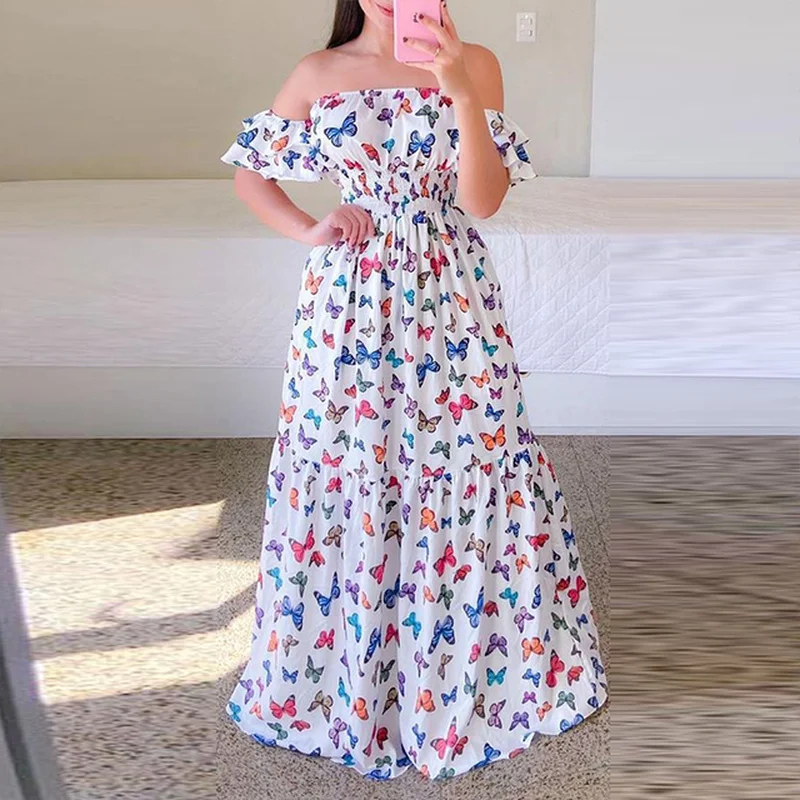 

Sexy Off The Shoulder Tube Top Dress Butterfly Rainbow Floral Print Dress Ladies Elegant Slim Summer Bohemian Party Maxi Dresses