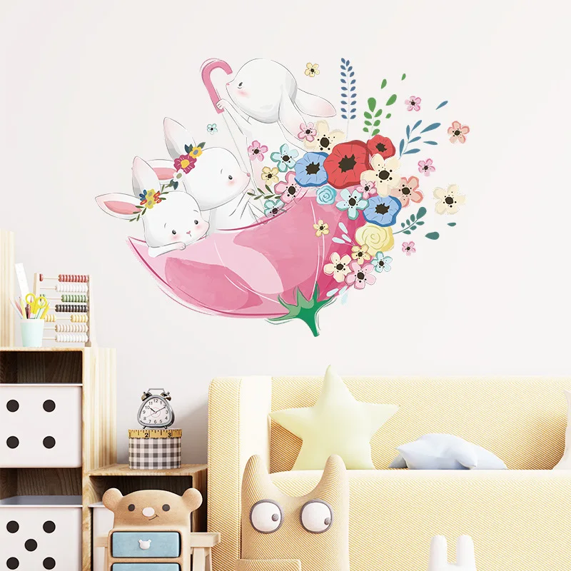 

Cartoon Bunny On Umbrella Wall Sticker For Kids Room Home Decoration Wallpaper Living Room Bedroom Mural Cute Pattern Stickers