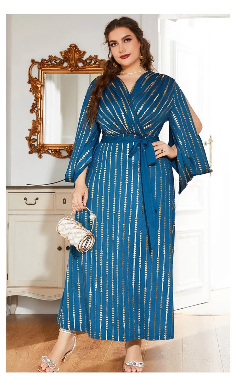 

Элегантное блестящее вечернее платье в полоску, модель 2022 года, весеннее Вечернее Платье макси с V-образным вырезом и длинным рукавом, одежд...