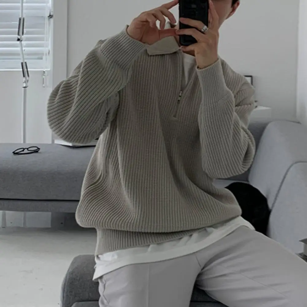 Мужской пуловер мужской свитер на полумолнии с отложным воротником однотонный