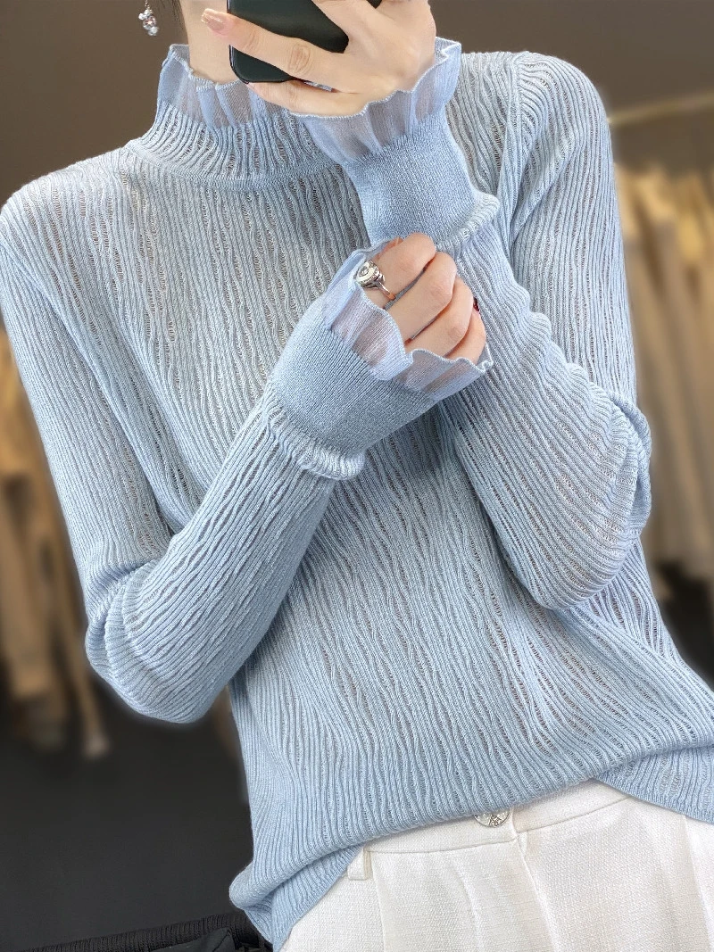 Кружевная кружевная рубашка с длинными рукавами и грибком женская тонкая