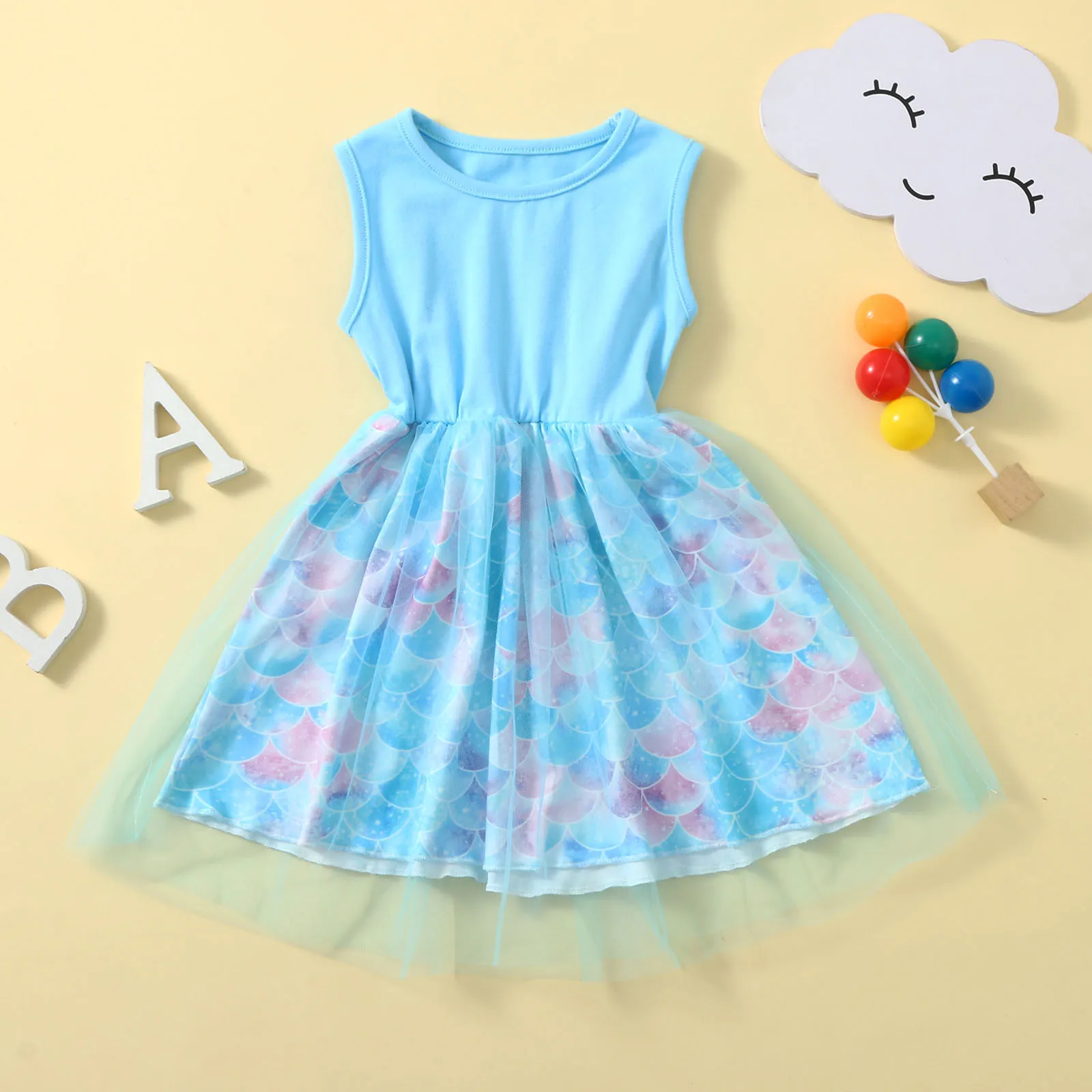 

1-6 Years Toddler Kids Baby Girls Tulle Princess Dress 2023 New Summer Sleeveless Patchwork Mermaid Party Dresses For Girls