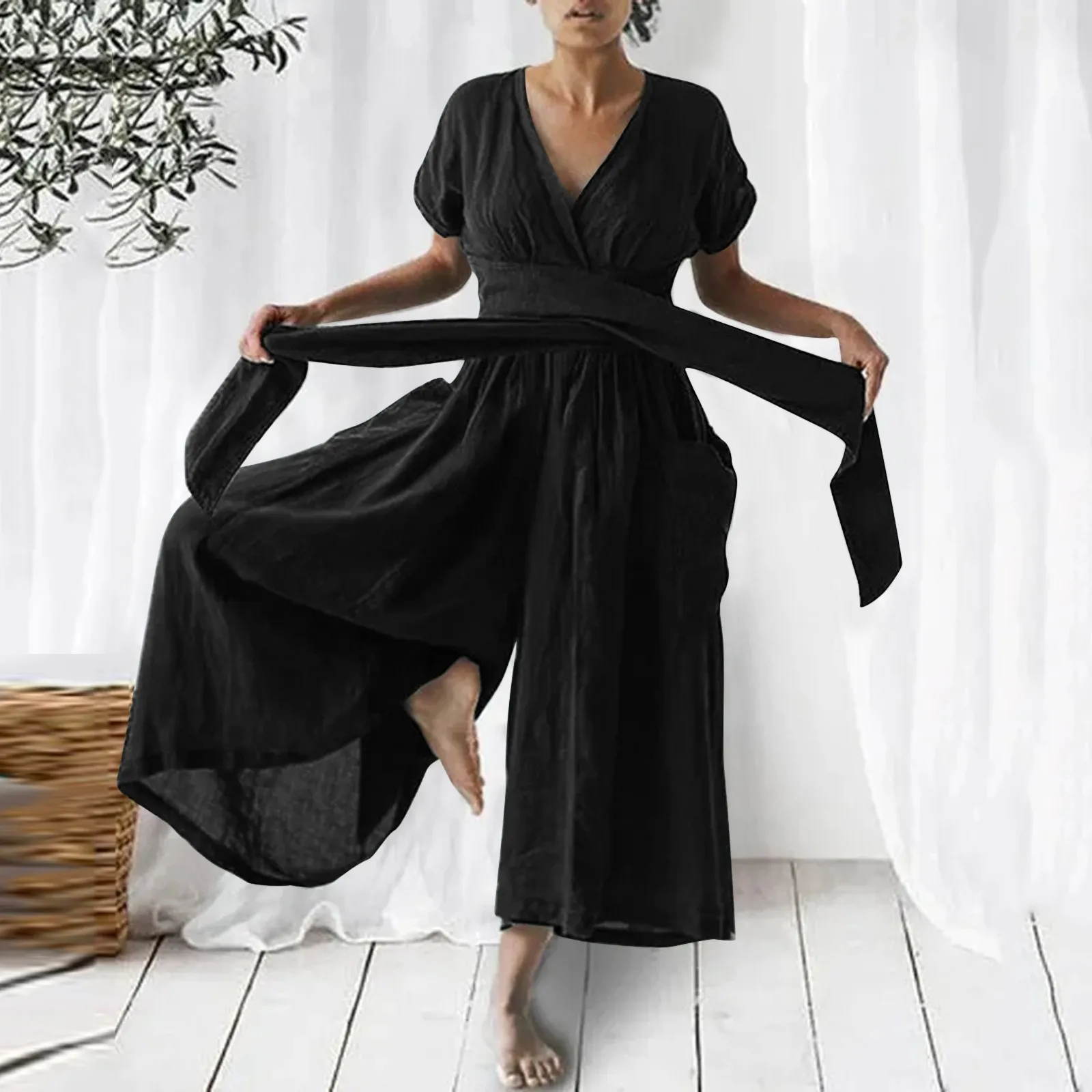 

Комбинезон женский льняной с длинным рукавом, элегантный пикантный Повседневный однотонный ромпер с V-образным вырезом, длинные широкие бр...